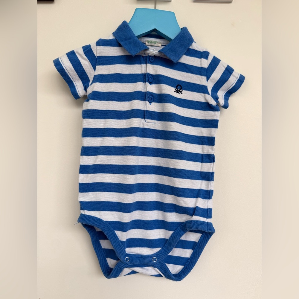 United Colors Of Benetton Blue and White Striped Polo Bodysuit